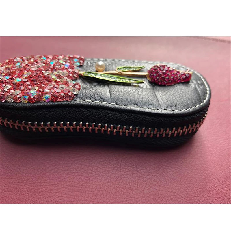 Rose Flower Diamonds Car Key Bag PU Leather Keychain Zipper Key Car Case