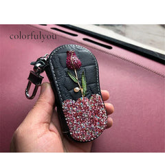 Rose Flower Diamonds Car Key Bag PU Leather Keychain Zipper Key Car Case