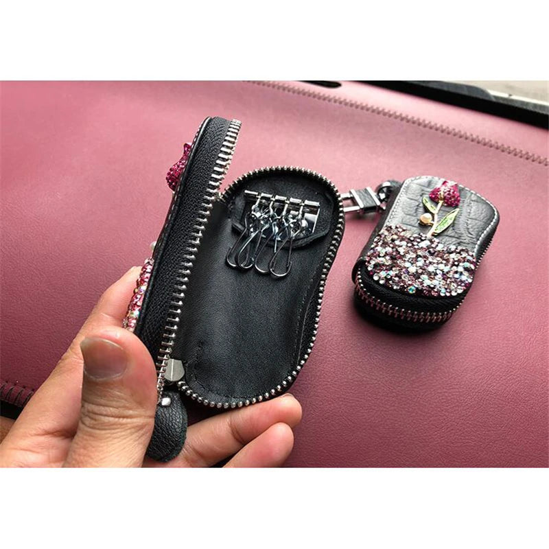 Rose Flower Diamonds Car Key Bag PU Leather Keychain Zipper Key Car Case