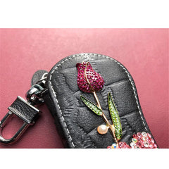Rose Flower Diamonds Car Key Bag PU Leather Keychain Zipper Key Car Case