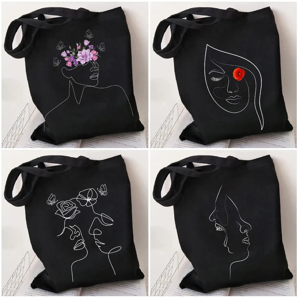 Rose Poppy Butterfly Minimal Line Art Canvas Shopper Bag