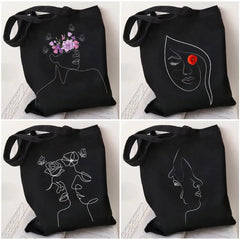 Rose Poppy Butterfly Minimal Line Art Canvas Shopper Bag