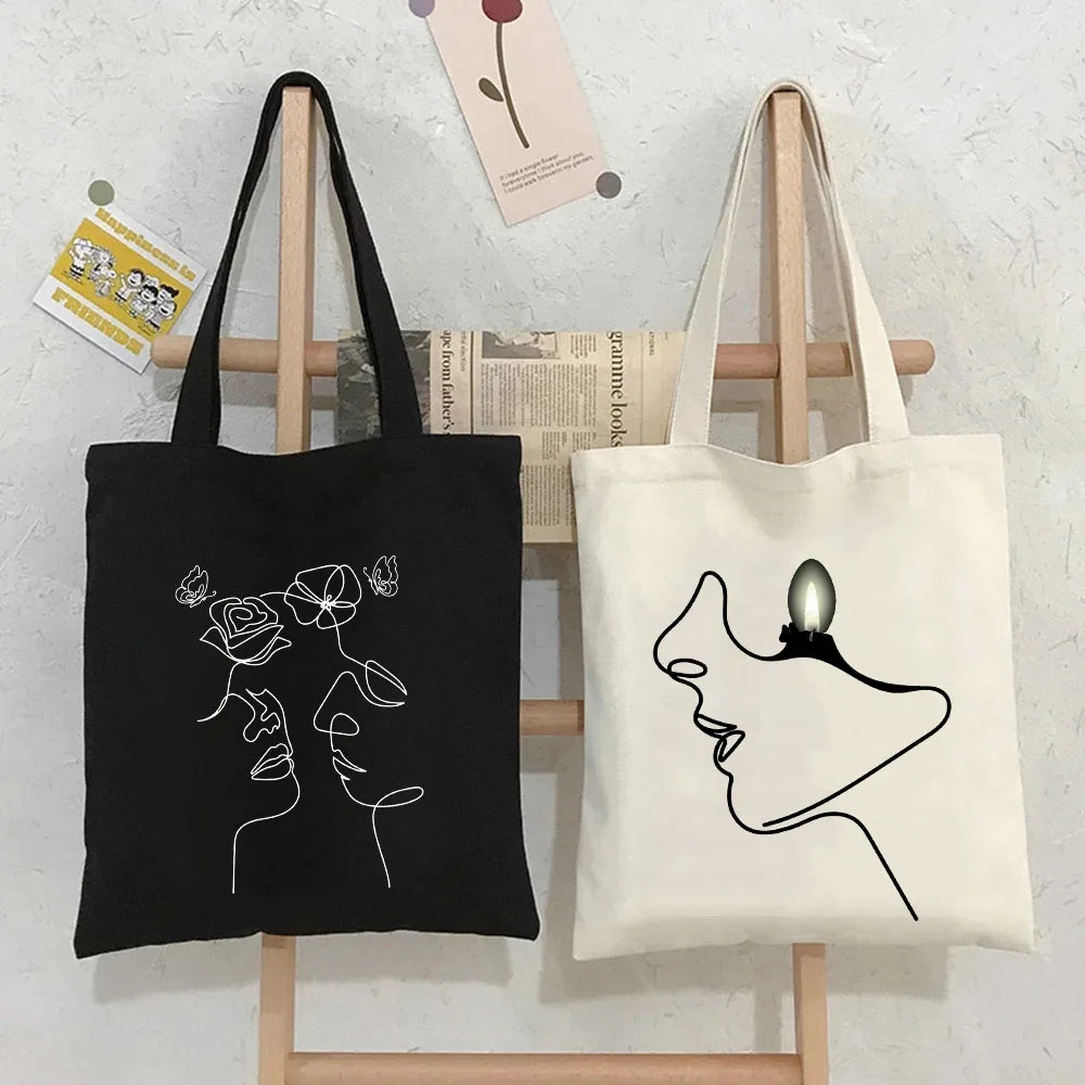 Rose Poppy Butterfly Minimal Line Art Canvas Shopper Bag