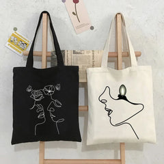 Rose Poppy Butterfly Minimal Line Art Canvas Shopper Bag