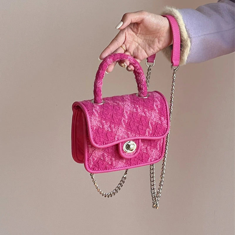 Rose Pink Women Lock Shoulder Bags Plaid Small Square Crossbody Bag