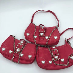 Vintage Rose Red Heart Goth Shoulder Bag Lolita Y2K Harajuku Female