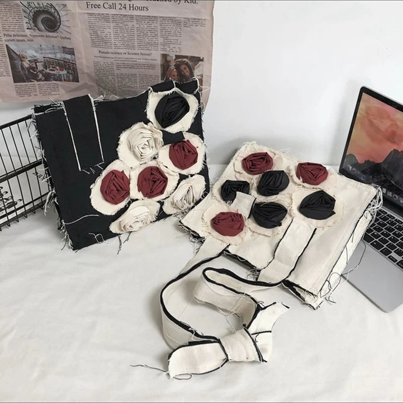 Rose Vintage Shoulder Bags Women Old Distressed Harajuku Frayed Tote