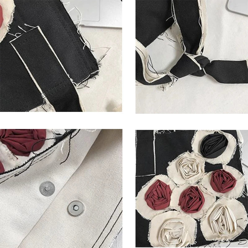 Rose Vintage Shoulder Bags Women Old Distressed Harajuku Frayed Tote