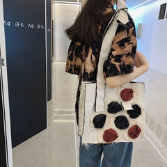 Rose Vintage Shoulder Bags Women Old Distressed Harajuku Frayed Tote