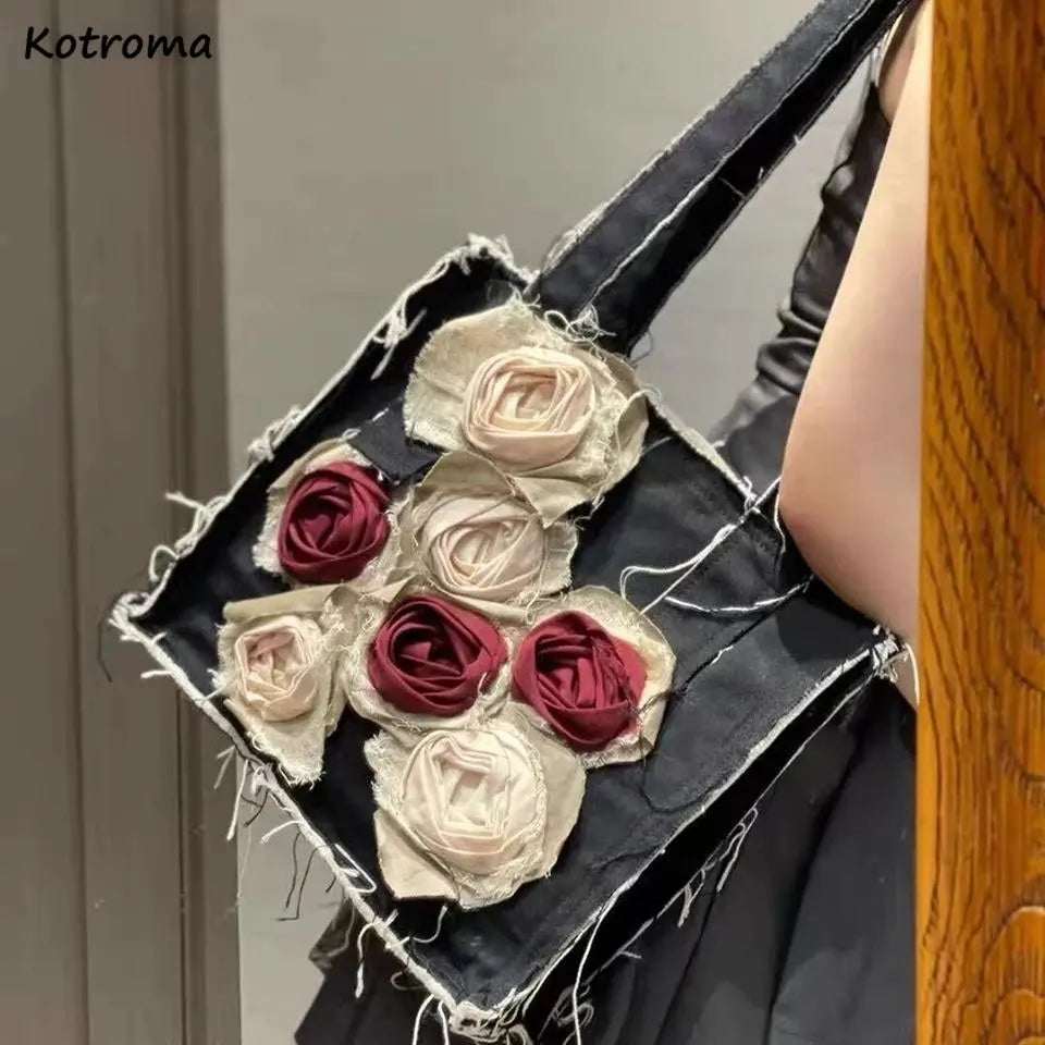 Rose Vintage Shoulder Bags Women Old Distressed Harajuku Frayed Tote