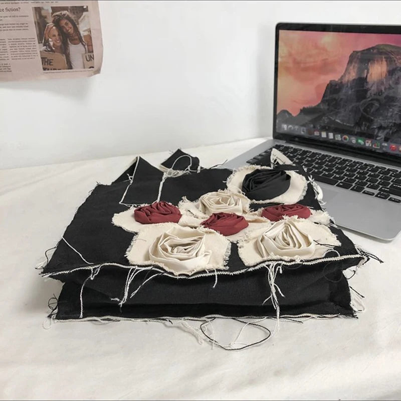 Rose Vintage Shoulder Bags Women Old Distressed Harajuku Frayed Tote