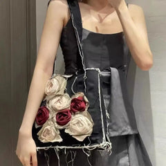 Rose Vintage Shoulder Bags Women Old Distressed Harajuku Frayed Tote