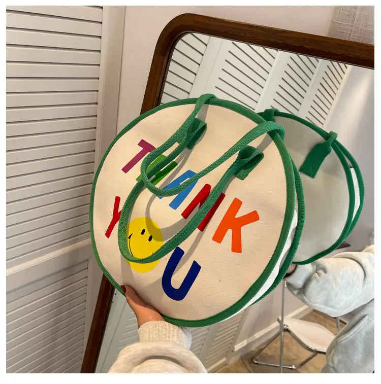 Round Cartoon Canvas Bag Large Capacity Handbags