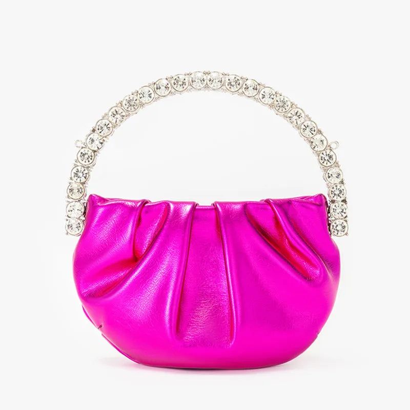 Round Diamond Evening Clutch Bags Metal Handle Rhinestone Purses Bling Handbags