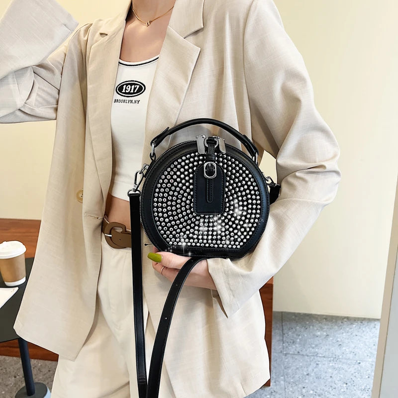 Round Handbag Diamond Studded Shoudler Bag PU Handle Purse Bolsa Circular Tote