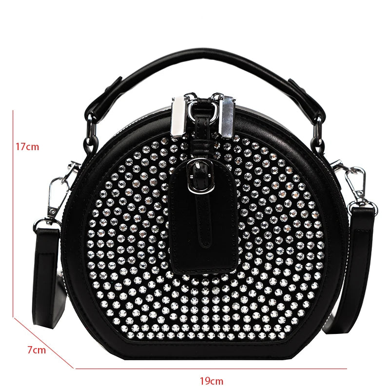 Round Handbag Diamond Studded Shoudler Bag PU Handle Purse Bolsa Circular Tote