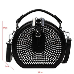 Round Handbag Diamond Studded Shoudler Bag PU Handle Purse Bolsa Circular Tote