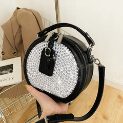 Round Handbag Diamond Studded Shoudler Bag PU Handle Purse Bolsa Circular Tote