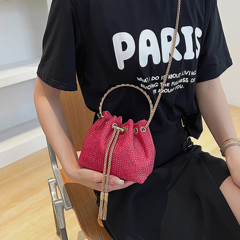 Round Handle Rhinestone Bucket Bag for Women