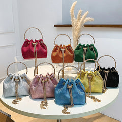 Round Handle Rhinestone Bucket Bag for Women