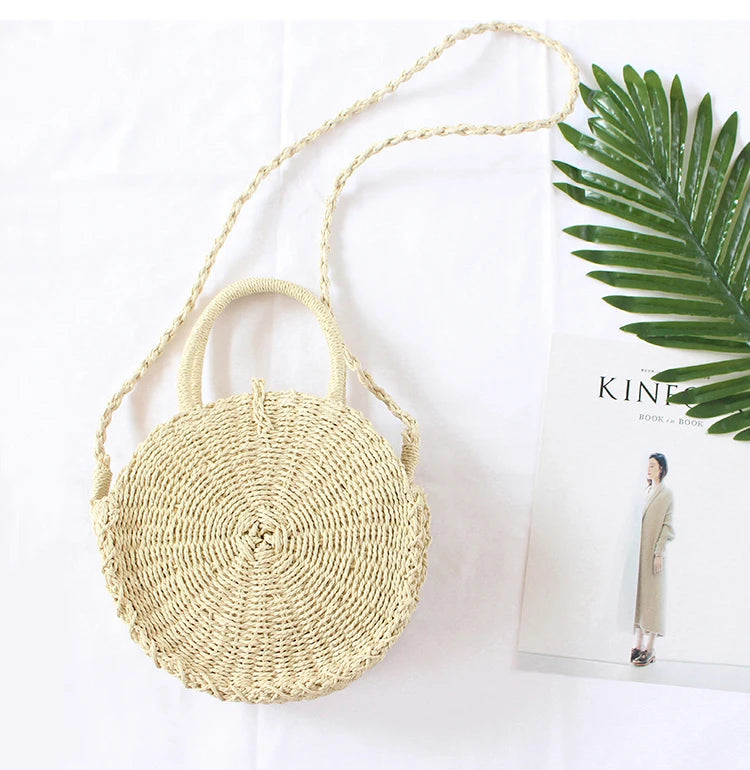 Round Rattan Beach Bag Vintage Crossbody Straw Messenger Bag