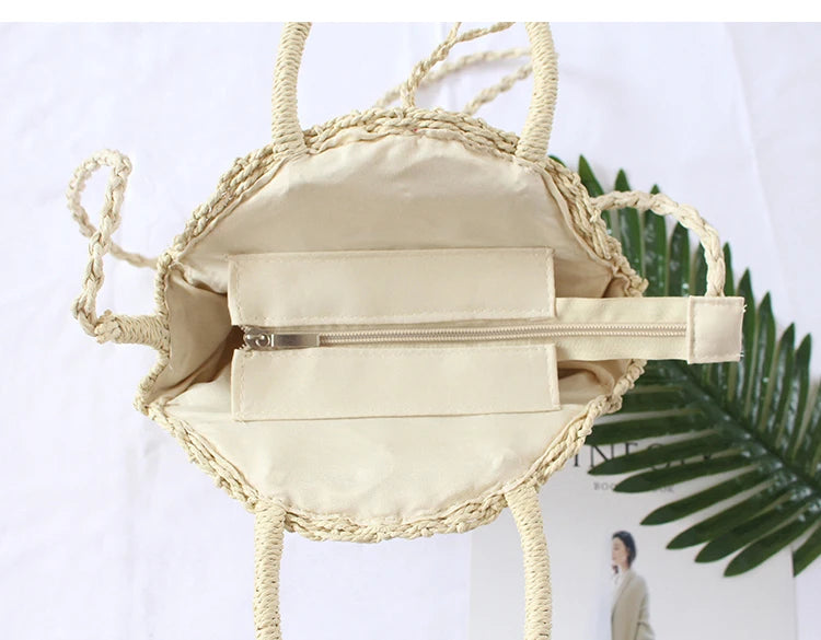 Round Rattan Beach Bag Vintage Crossbody Straw Messenger Bag