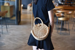 Round Rattan Beach Bag Vintage Crossbody Straw Messenger Bag