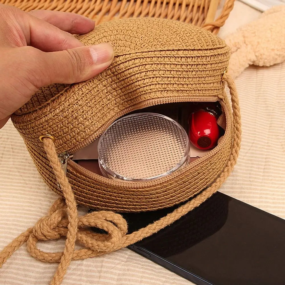 Women's Round Straw Beach Bag Crossbody Rattan Handbag