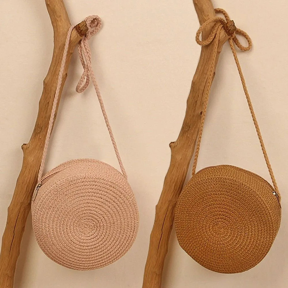 Women's Round Straw Beach Bag Crossbody Rattan Handbag