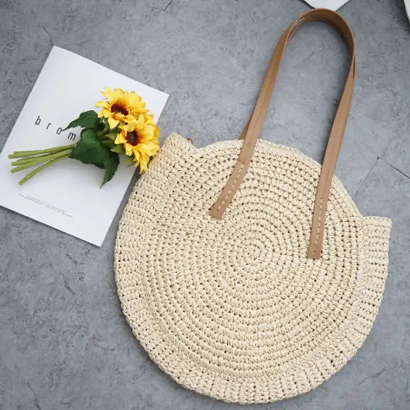 Round Straw Beach Bag Vintage Woven Shoulder Bag Rattan Bohemian Vacation