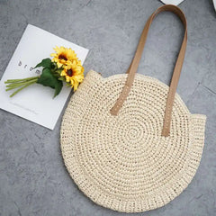 Round Straw Beach Bag Vintage Woven Shoulder Bag Rattan Bohemian Vacation