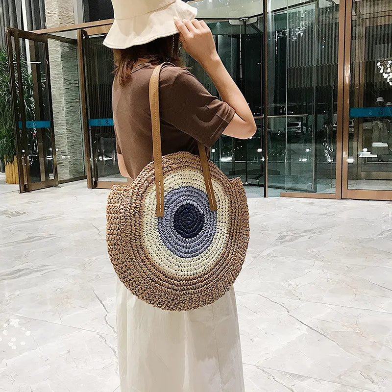 Vintage Round Straw Beach Bag Woven Raffia Shoulder Bag