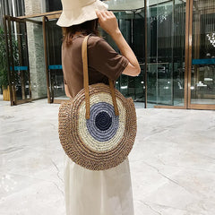 Vintage Round Straw Beach Bag Woven Raffia Shoulder Bag