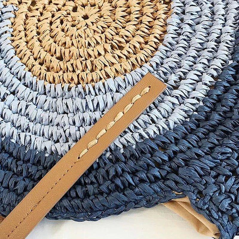 Vintage Round Straw Beach Bag Woven Raffia Shoulder Bag