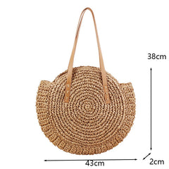 Straw Beach Bag Vintage Woven Shoulder Rattan Circle Bohemian Vacation Bag