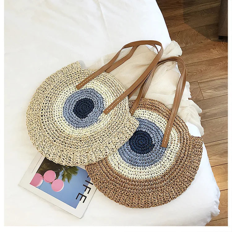 Vintage Round Straw Beach Bag Woven Raffia Shoulder Bag