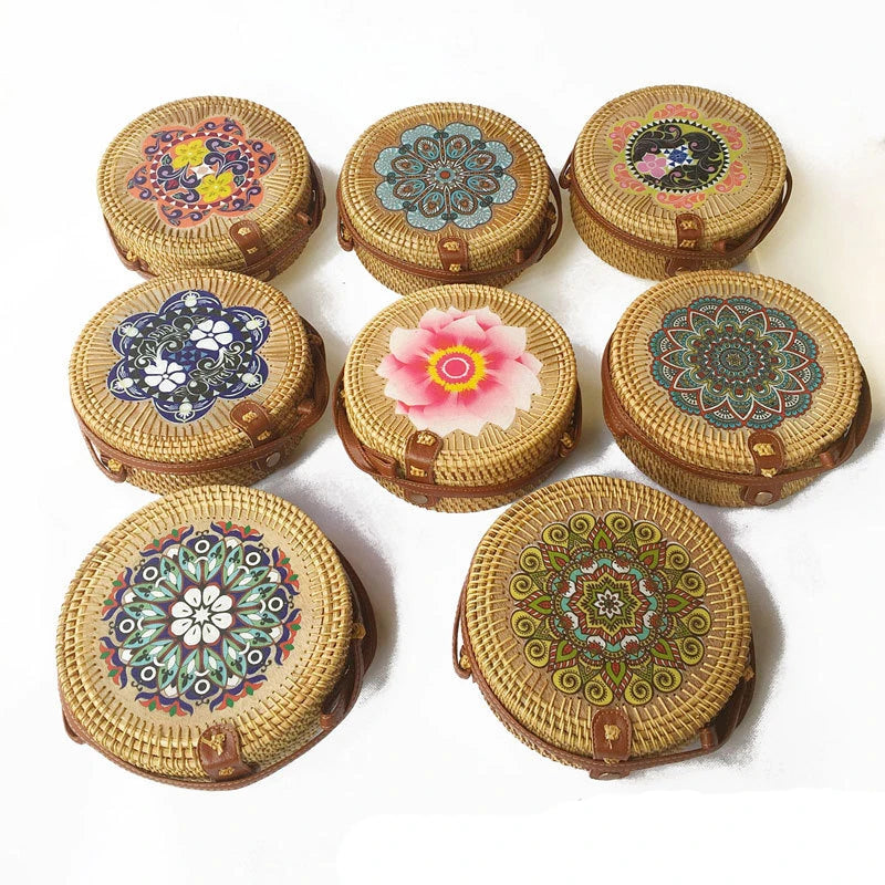 Round Straw Beach Bag Vintage Woven Rattan Bags