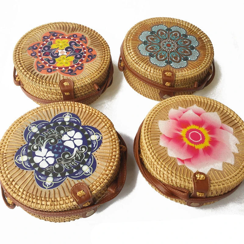 Round Straw Beach Bag Vintage Woven Rattan Bags