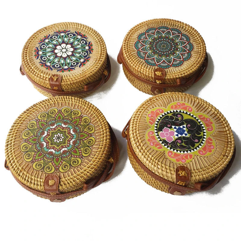 Round Straw Beach Bag Vintage Woven Rattan Bags