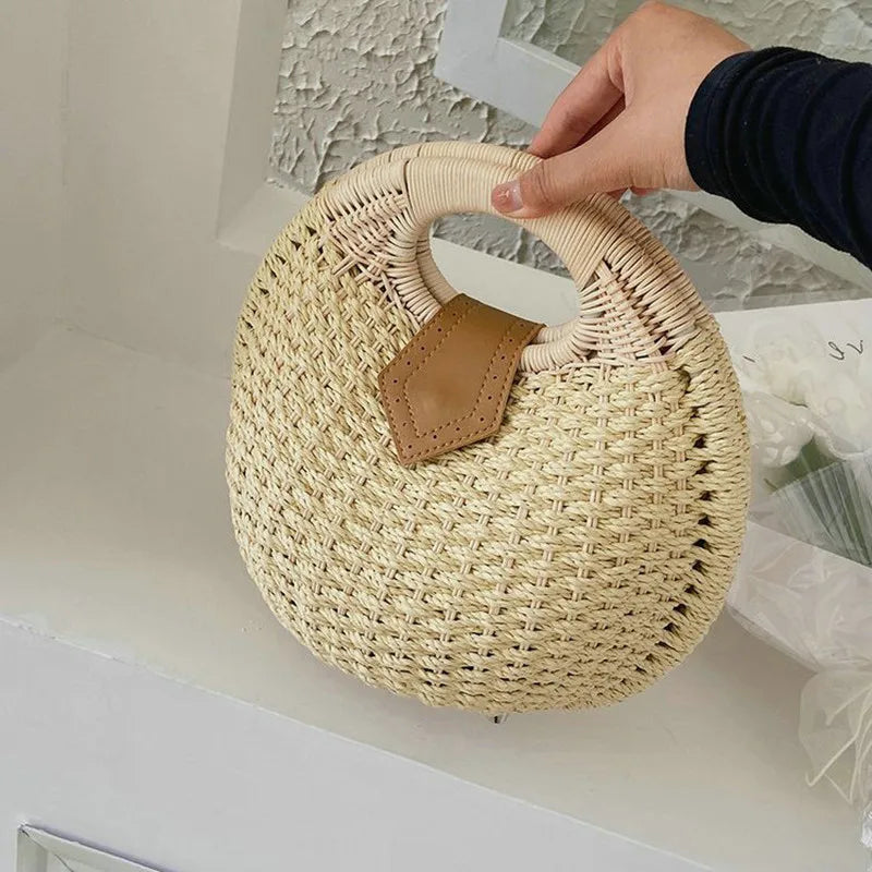 Vintage Round Straw Bucket Bag Woven Rattan Shoulder Bag