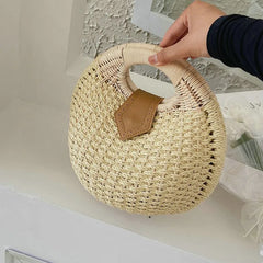 Vintage Round Straw Bucket Bag Woven Rattan Shoulder Bag