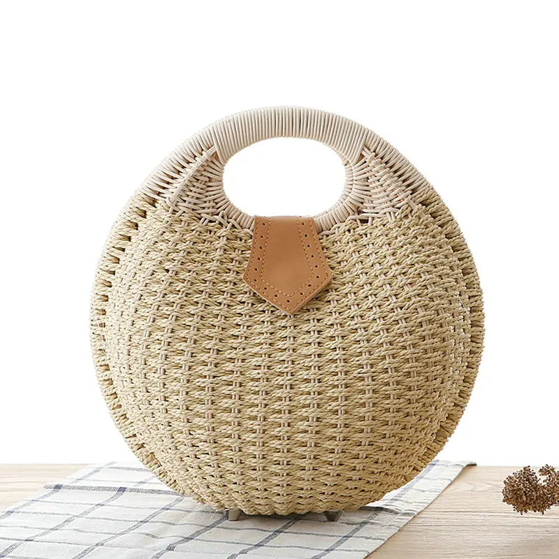 Vintage Round Straw Bucket Bag Woven Rattan Shoulder Bag