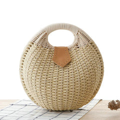Vintage Round Straw Bucket Bag Woven Rattan Shoulder Bag