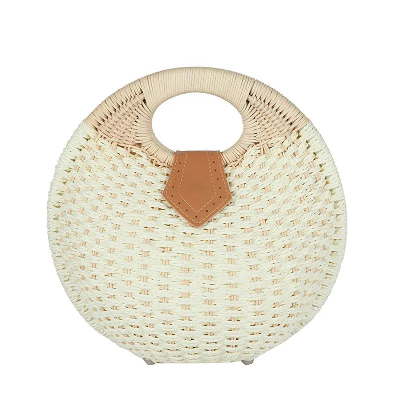 Vintage Round Straw Bucket Bag Woven Rattan Shoulder Bag