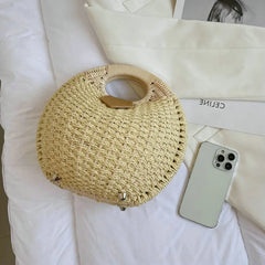 Vintage Round Straw Bucket Bag Woven Rattan Shoulder Bag