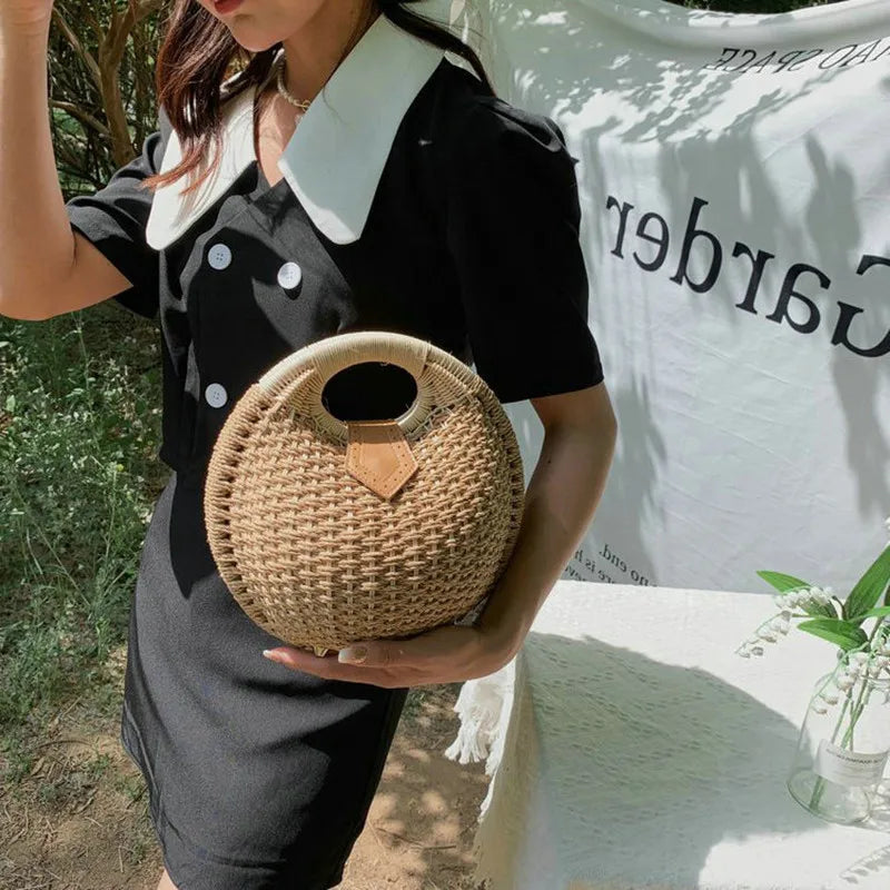 Vintage Round Straw Bucket Bag Woven Rattan Shoulder Bag
