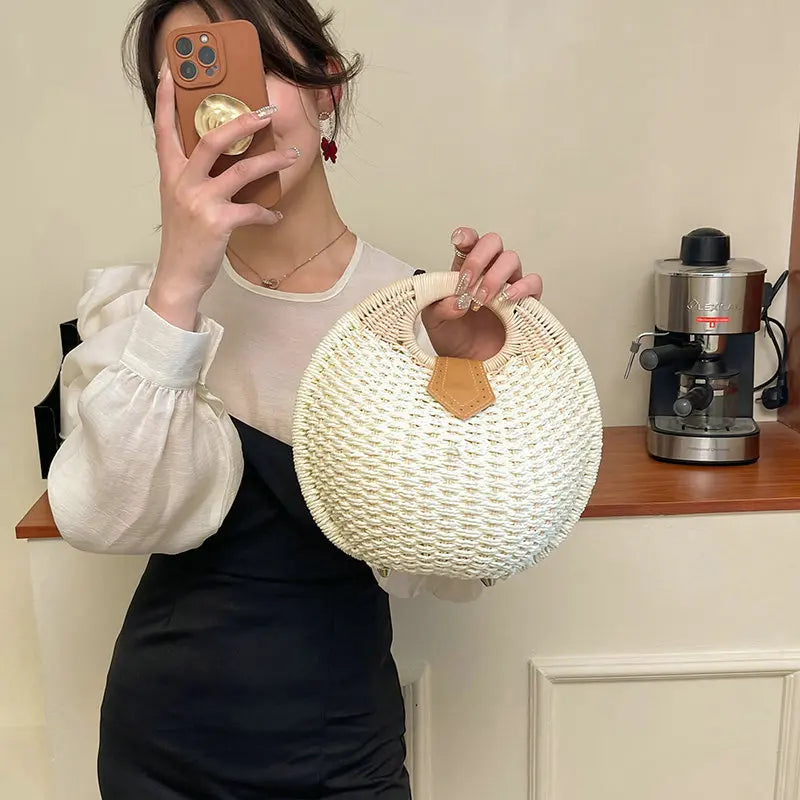 Vintage Round Straw Bucket Bag Woven Rattan Shoulder Bag