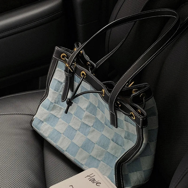 SCOFY Summer Plaid Canvas Tote Bags - Medium Size Shoulder Bags