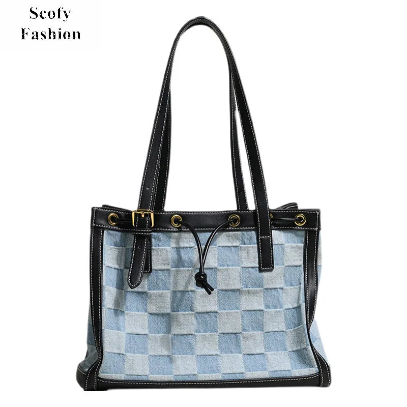 SCOFY Summer Plaid Canvas Tote Bags - Medium Size Shoulder Bags