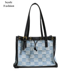 SCOFY Summer Plaid Canvas Tote Bags - Medium Size Shoulder Bags